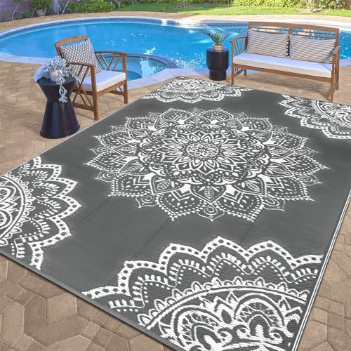 Yamaziot Waterproof Outdoor Rug 9x12 ft, Reversible Plastic Straw Rug for Patio Clearance, Camping, RV Mat, Large Outside Rug Carpet for Porch, Deck, Backyard, Balcony, Picnic (Grey) - color: Grey, size: 9' x 12'
