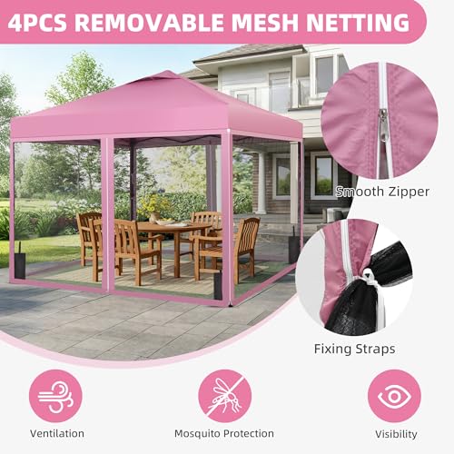 GDY 10x10 Pop up Canopy Tent with Mosquito Netting, Easy up Gazebo for Patio, Camping and Garden, Includes 4 Sandbags, Pink - color: Pink, size: 10x10 with Mosquito Netting