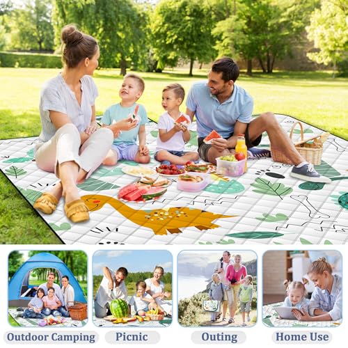 Extra Large Picnic Blanket Waterproof,80"x 80"Foldable Machine Washable Beach Blanket,Outdoor Blanket for 6-8 Adults,Suitable for Indoor Crawling,Park Beach,Camping,Hiking,Family Travel(Dinosaur) - color: White Dinosaur, size: 6'8" x 6'8" (Square)