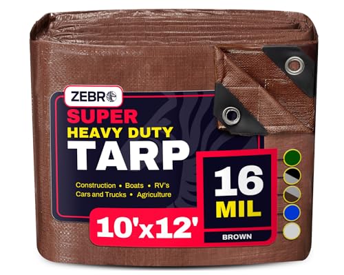 10' x 12' Brown Heavy Duty Tarp with Grommets Reinforced - 16 Mil Thick - Double Sided Plastic Tarps Waterproof - Large Tarpaulin Cover for Outdoor Camping Over/Under Tent Tarp RV Roof Rain - Zebro - color: Brown, size: 10' x 12'