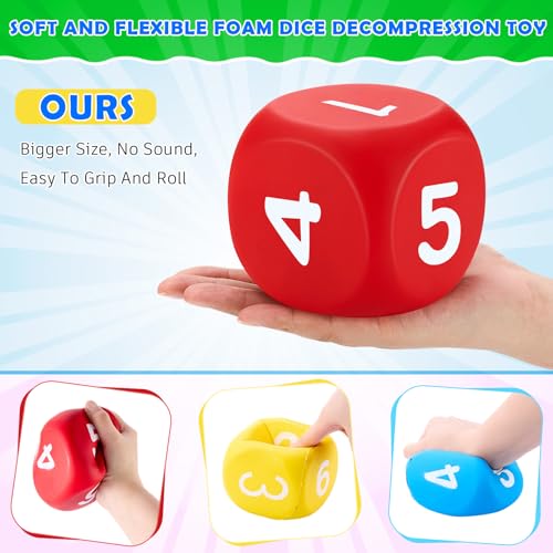 Zomiboo 4 Pcs Jumbo 4 Inch Foam Dice Set, Soft Stress Relief Toy for Kids & Adults, Colorful 6 Sided Giant Dice for Classroom Math, Family Board Games, Holiday Stocking Stuffers(Bright Colors,Number) - color: Bright Colors, style: Number