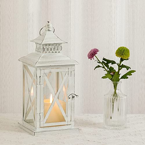 Lantern Decorative Indoor & Outdoor, Large Square Hanging Spring Home Decor, Vintage Metal Decorative Candle Lanterns for Outdoor Patio Wedding Party White with Black Brush - color: White / 14.8'' / 1 Pc