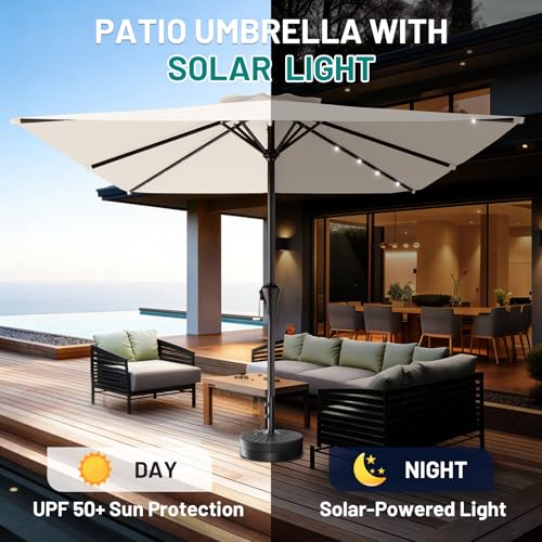 AreShark 8' X 10' Rectangular Patio Umbrella with Solar Lights, Lighted Solar Umbrella with Crank, Outdoor Table Umbrella for Garden, Deck, Backyard, Pool and Beach, Cream-White - color: Cream-White, size: 8 X 10 Ft