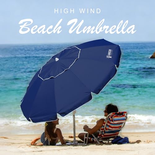 AMMSUN 8 Feet Large Beach Umbrella with Sand Anchor Heavy Duty High Wind Portable Outdoor Umbrellas UV 50+ Protection Air Vent Tilt Patio Garden Pool - color: Navy