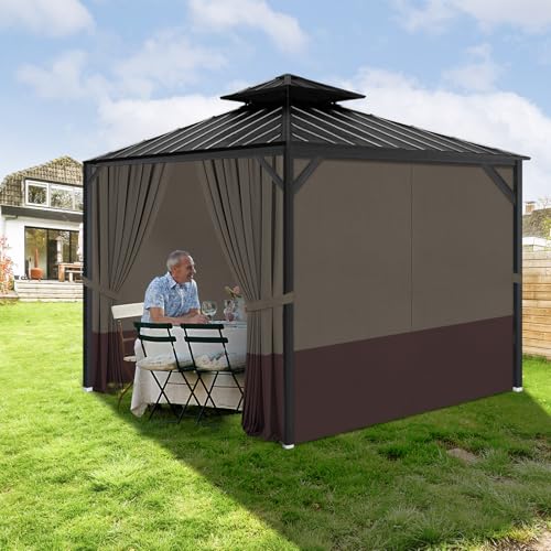 Gazebo Privacy Curtains 10' x 10' with Zipper 4-Panels Side Wall Universal Replacement for Patio, Outdoor Canopy, Garden and Backyard Khaki and Brown (Curtain Only) - color: Khaki and Brown, size: 10' x 10'