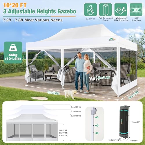 COBIZI 10x20 Canopy Tent, Heavy Duty Pop up Canopy with Sidewalls, Waterproof Easy Setup Tent with Mosquito Netting, Outdoor Instant Screen Tents for Parties, Wedding with Roller Bag, White - color: White, size: 10x20FT