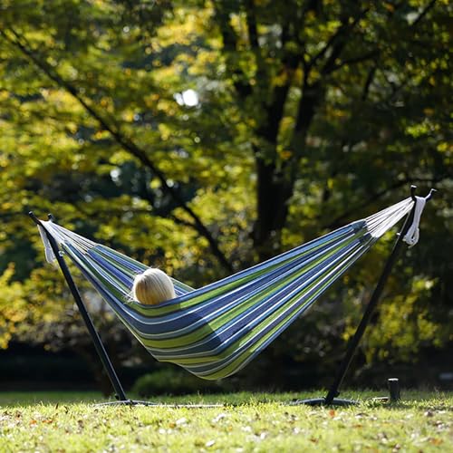 Vivere Double Cotton Hammock with Space Saving Steel Stand, Upgraded Polyester End Strings 450 lb Capacity - Premium Carry Bag Included - USA Grown Cotton (Oasis) - color: Oasis
