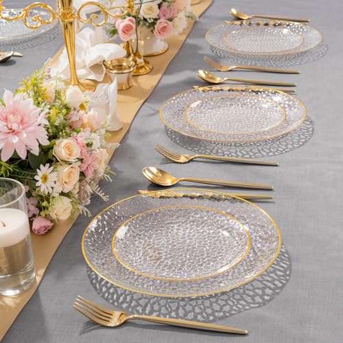 Rubtlamp 60Pcs Clear Gold Plastic Plates, Gold Glitter Disposable Plates, Hammered Plastic Plates Included 30 Dinner Plate And 30 Dessert Plates for Party - color: Gold Glitter