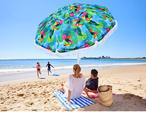AMMSUN 6.5ft Heavy Duty HIGH Wind fringe Beach Umbrella with sand anchor Vent Tilt Portable Sun Shelter UPF 50+ Windproof Outdoor Sunshade Umbrellas Carry Bag for Patio Garden Pool Backyard Sports