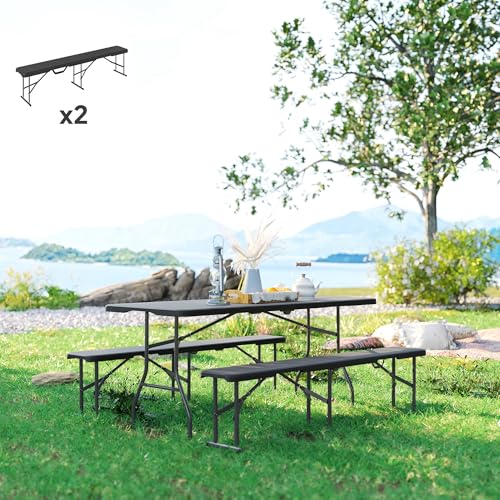 Outsunny 2-Pack 6 Ft. Plastic Folding Benches, Portable Foldable Bench Seats with Carrying Handle, Non-Slip Mat, HDPE Tabletop, Picnic Benches for Camping Dining Picnic BBQ Sports, Black - color: Black