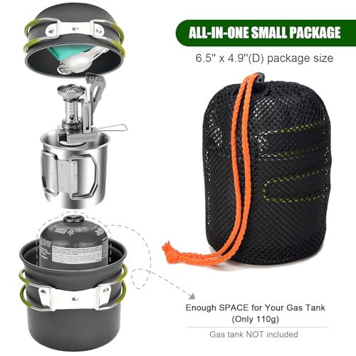 Odoland 8pcs Camping Cookware Mess Kit, Camping Pot and Pan Set with Mini Backpacking Stove, Stainless Steel Cup, Spork and Tank Bracket, Cooking Gear for Outdoor, Hiking, Picnic, Campfire - color: Green