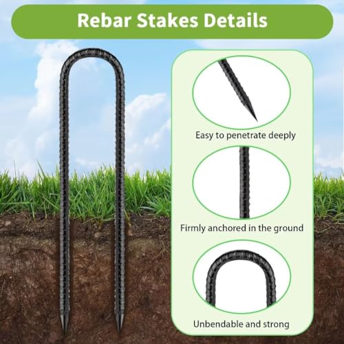 Rebar-Stakes-12-Inch, Ground Stakes Heavy Duty U-Hook Black Coated Anti-Rust Heavy Duty Ground Anchors for Garden Dog Fence Chicken Coop Christmas Decorations Deer Fence 4pcs - color: Black-U-HOOK, size: 4pcs