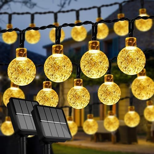 Flechllary 2-Pack 100 LED Solar String Lights for Outsdie, 46FT Crystal Globe Lights with 8 Modes, Solar Christmas Lights Outdoor Waterproof for Garden Tree Patio Party Christmas Decorations