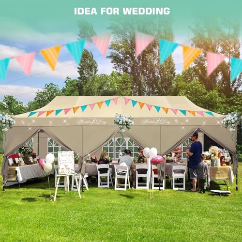 COBIZI 10x30 Pop Up Canopy Heavy Duty with 8 Removable Sidewalls, Commercial Portable Tents for Parties Ez Up Canopy All-Weather Windproof & Waterproof UPF 80+ Wedding Tent Sun Shelter - color: Khaki, size: 10x30FT
