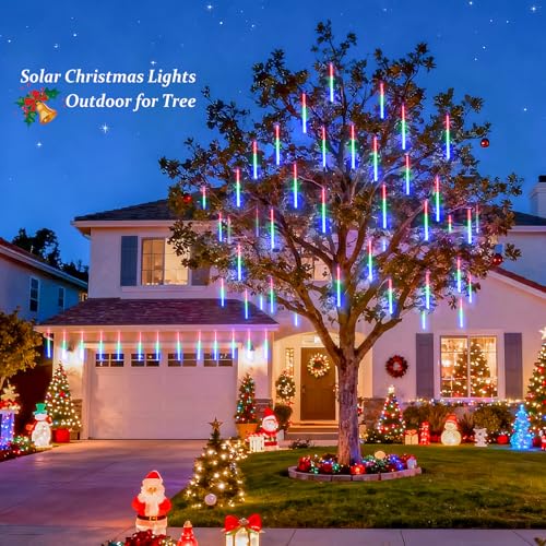 JMEXSUSS Solar Meteor Shower Rain Lights, 8 Tube 144 LEDs Multicolor Solar Christmas Lights, Led Falling Rain Christmas Light for Xmas Tree Wedding Holiday Party Patio Decoration - color: Multicolor, size: 1*144LED