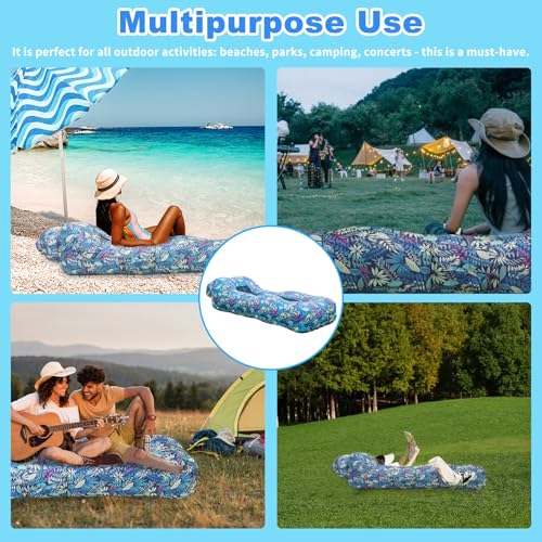 Inflatable Couch, Inflatable Lounger Air Sofa | No-Pump Blow Up Couch | Ergonomic Design, Air Couches Outdoor for Camping & Park & Beach, Upgrade Your Camping Accessories - color: Blue Leaf, style: Standard - No Sunshade