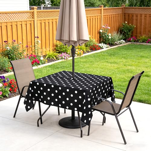 Poise3EHome Square Outdoor Tablecloth with Umbrella Hole and Zipper,Black Dot 60x60 Inch,Polyester SpillProof Washable Table Cloth for Spring Summer Patio Garden Poolside Picnic Camping BBQS - color: Black Dot, size: 60" x 60" (Square)