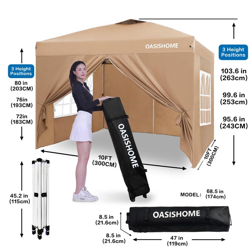 OASISHOME Pop-up Gazebo Instant Portable Canopy Tent 10'x10', with 4 Sidewalls, Windows, Wheeled Bag, for Patio/Outdoor/Wedding Parties and Events (10FTx10FT, Khaki) - color: Khaki