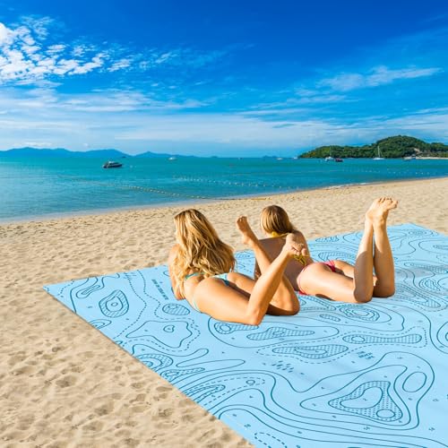 Beach Blanket Waterproof Sandproof, 78”x 86” Large Sand Free Beach Mat with 4 Stakes & Portable Bag, Big Flodable Compact Outdoor Pockets Picnic Blanket - color: Blue Coastline, size: 6.5x7.2 FT (1～4 person)