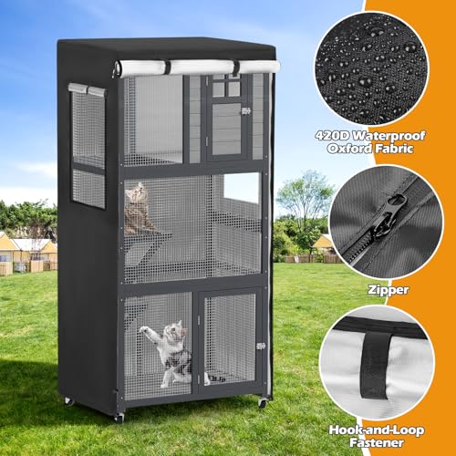 Catio Cover, 37.5" L x 27" W x 74.5" H Waterproof Cover for Outdoor Cat Enclosure, 420D Cat Cage Cover for PawHut Wooden Catios, Black (Catio Not Included) - size: 37.5"L x 27.0"W x 74.5"H