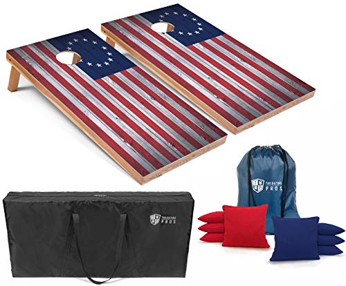 Tailgating Pros Regulation Cornhole Boards Flag Set - Includes 8 Bean Bags, Carrying Cases, and 4'x2' Corn Hole Toss Game w/Ring Light - color: 13 Stars Flag