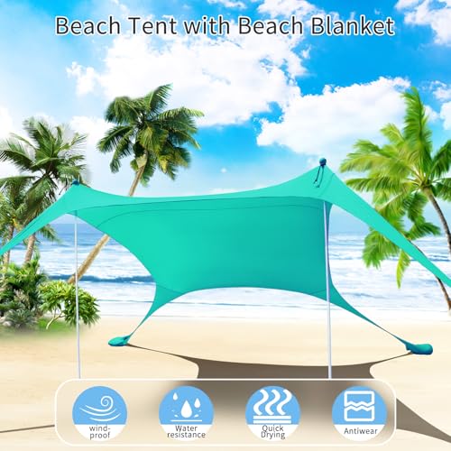 7×7 FT Beach Tent Sun Shelter UPF50+ UV Protection, Outdoor Canopy Tent Sun Shade with 2 Poles for Camping, Beach, Fishing, Backyard and Picnics Turquoise - color: Turquoise
