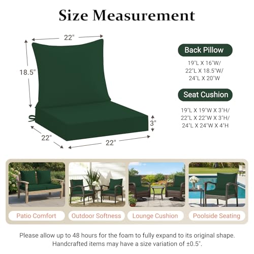 downluxe 22x22 Outdoor Chair Cushions, Waterproof Fade Resistant Patio Furniture Cushions with Handle & Removable Cover, Deep Seat Outdoor Cushions for Sofa, Couch and Patio Chairs, Forest Green - color: Forest Green, size: 22 x 22 Inch