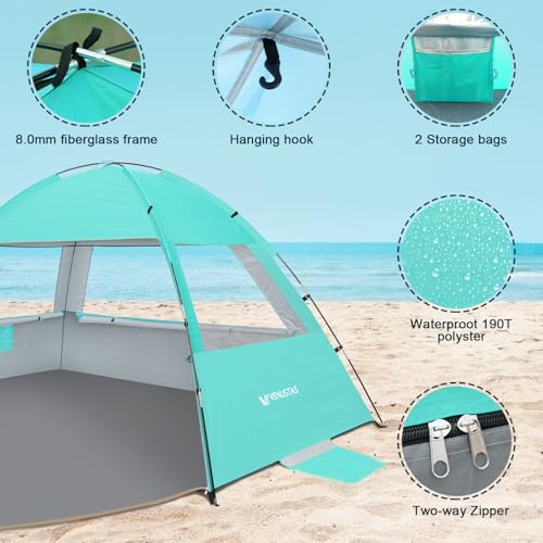 Venustas Beach Tent Sun Shelter for 3/4/6/8 Person, UPF 50+ UV Protection Beach Canopy, Lightweight and Easy Setup Cabana, Portable Shade Tent - color: Crystal Mint, size: 3 Person