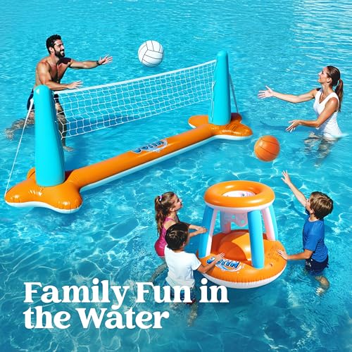 JOYIN XL Inflatable Pool Float Set, 125'' Volleyball Net & Basketball Hoops, Extra Large Floating Swimming Game Toy for Kids and Adults, Summer Floaties, Volleyball Court|Basketball, XL-Orange - color: Orange, size: X-Large
