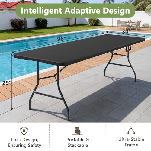 8FT Folding Table, Heavy Duty Plastic Fold-in-Half Utility Table with Handle, Portable Camping Picnic Table with Steel Legs for Indoor Outdoor Party, Dining, BrownBlack - color: Black, size: 8FT