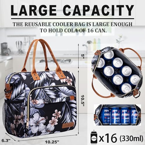 Hibiscus Lunch Box for Women Adult Insulated Lunch Bag Ladies Lunch Tote Bag for Work Loncheras para Mujer de Trabajo - color: A2: Floral, size: Large