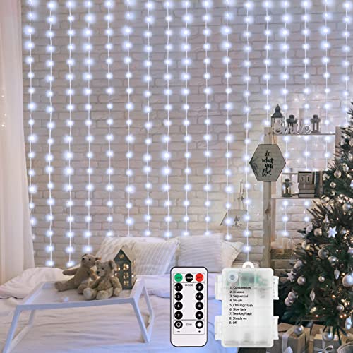 echosari Curtain Lights Battery Operated, 200 LED Curtain Fairy Lights 6.6×6.6ft with Remote Timer Outdoor Wall Light Fully Waterproof for Wedding Backdrops Bedroom Decor (Cool White) - color: Cool White, size: 6.6Ft x 6.6Ft