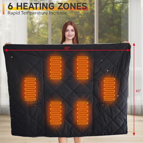 Outdoor Heated Blanket with 10000mAh Power Bank, Battery Operated Cordless Electric Heating Throw with 3 Heat Settings, Fast Heating Wearable USB Throw for Camping, Travel, Office & Home Use Black - color: Inky Black
