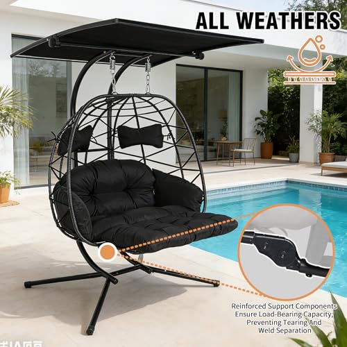 Double Egg Chair Outdoor with Stand & Canopy,Hanging Loveseat Hammock Swing Chair with Leg Rests & UV Resistant Cushion,Patio Swinging Chair,600LBS Capacity for Bedroom Balcony Garden - color: Double Chair & Footrest & Canopy, size: Black Frame&black Cush