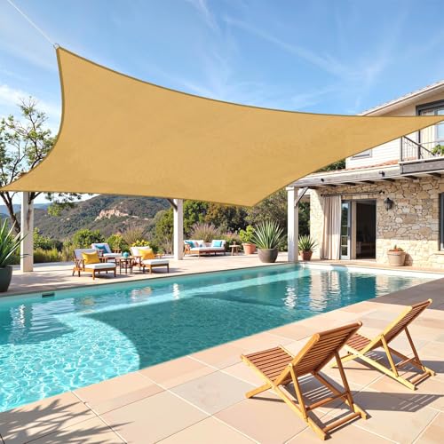TasticTotes Rectangle Sun Shade Sail - 12' x 16', 95% UV Blockage, HDPE Sunshades for Outdoor Patio, Yard, Deck, Garden, Lawn, Permeable Awnings for Patio Shade with Reinforced Corners & Ropes (Sand) - color: Sand, size: 12'x 16'