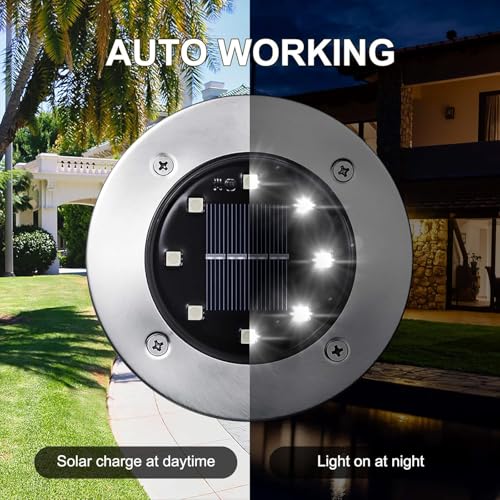 LYHOPE Solar Ground Lights Outdoor, 12 Pack 8 LED Solar Disk Lights Waterproof Garden In-ground Pathway Light Landscape Lighting for Lawn,Yard,Deck,Patio,Walkway (White) - color: White, size: 12 Pack