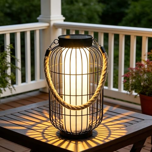 Larger Solar Lanterns Outdoor - Solar Lantern Rustic Dual Charging (USB/Solar) IP44 Waterproof Metal Decorative Hanging/Table Light for Yard Patio Garden Front Porch or Indoor Gifts for Women