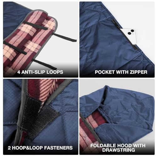 DUKUSEEK Hooded Outdoor Blanket, Extra Large 79" x 59" Waterproof Camping Blanket, Quilted, Thick Fleece, Warm, Windproof, Sand Proof, Portable and Wear-Resistant, Perfect for Stadium, Picnic - color: Navy Blue Outer With Red Plaid Fleece