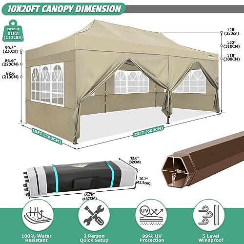 COBIZI 10x20 Pop Up Canopy Tent Heavy Duty with 6 Removable Sidewalls, Commercial Heavy Duty Pop Up Tent for Parties All Weather Waterproof and UV 50+ Wedding Tent with Roller Bag(Legs Upgraded) - color: Khaki, size: 10x20FT