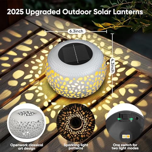 Solar Lanterns Outdoor Waterproof: 2 Pack White Hollow Out Metal Solar Lights - 2 Lighting Colors Outside Garden Yard Porch Indoor Tabletop Retro Decorations - Unique Gifts for Women Mom Wife - size: White 2 Pack