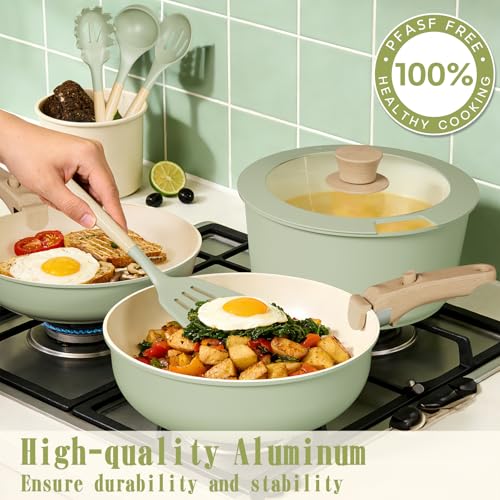 Umite Chef Non Stick Pots and Pans Set, 21 Pcs Ceramic Kitchen Cookware Set with Detachable Handle, Nonstick Healthy Induction Cookware, Dishwasher RV Cookware Set, Oven Safe, Stackable, Sage Green - color: Saga Green