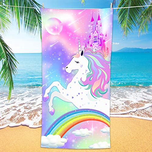 Bonsai Tree Unicorn Microfiber Beach Towel, Rainbow Kids Quick Dry Beach Blanket Oversized Clearance 30" x 60", Magic Castle Cute Sand Proof Bath Towels for Girls Travel - color: Unicorn 1, size: 30"x60"