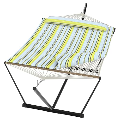Garvee Double Hammock with Stand for Outdoor, Portable Hammock with Soft Pillow, Balance Ropes, for Patio, Garden, Backyard, Beach - color: Blue Green Stripes