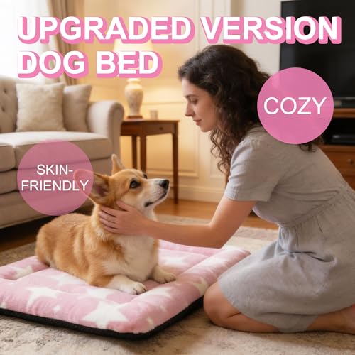 Washable Dog Bed Mat With Anti-Slip Bottom, Deluxe Plush Memory Foam Crate Pad & Waterproof Outdoor Kennel Mat For Dogs & Cats-Durable Crates Beds, Large Medium Small Puppy Size 36" x 24",pink - color: Pink-Star, size: Upgraded L（36" L x 24" W x 1.5" Th）