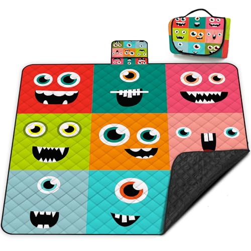 Extra Large Picnic Blanket Waterproof,80"x 80"Foldable Machine Washable Beach Blankets,Outdoor Blanket for 6-8 Adults,Picnic Mat Suitable for Indoor Crawling,Park Beach,Camping,Hiking,Travel (Face） - color: Orange Smiley, size: 6'8" x 6'8" (Square)