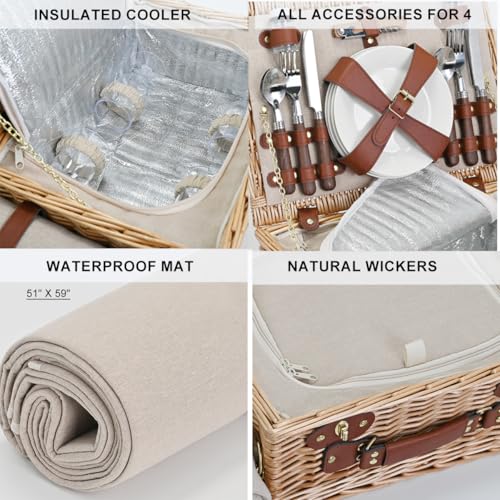 Picnic Basket with Blanket and Wine Pouch for 4, Wicker Picnic Set with Insulated Liner Cooler Bag Hamper for Camping,Wedding - Natural - color: Natural With Blanket for 4