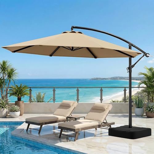 OLILAWN Cantilever Offset Patio Umbrellas, Outdoor 10 feet Large Patio Umbrella with Base Included, Upgraded Yarn-dyed Fabric Shade, Sturdy 8 Rids, 360 Degree Rotation & Easy Tilt Adjustment, for Pool Deck Porch Backyard Garden - color: Beige, size: 10FT