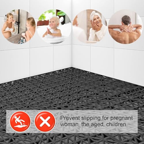 MYFAMIREA Modular Interlocking Cushion 24 Pack 11.8" x 11.8" Rubber Floor Tiles Non-Slip Splicing Drainage Mats for Deck, Pool, Outdoor Shower, Patio, Balcony, Indoor Bathroom, Kitchen, Yard (Black) - size: 24 PCS