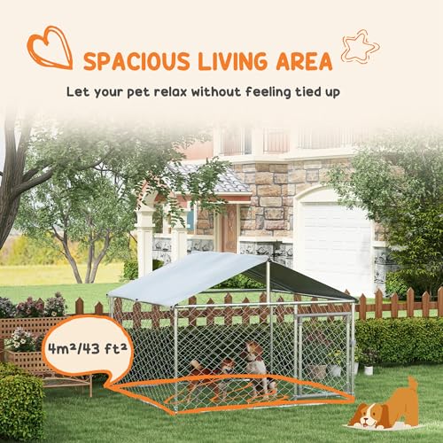 PawHut Outdoor Dog Kennel, Heavy Duty Dog Run Outdoor Fence with Waterproof Cover, Galvanized Chain Link, Secure Lock, for Large Breeds, Chickens, Ducks, 6.5' x 6.5' x 5' - size: 78.7"L x 78.7"W x 59.1"H