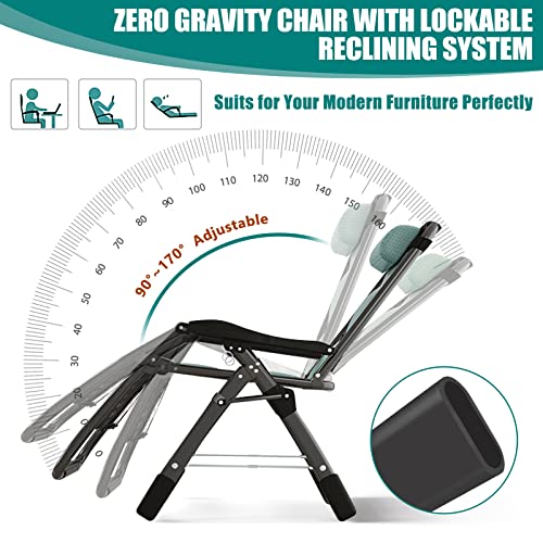 DoCred Zero Gravity Chair, Lawn Recliner, Reclining Patio Lounger Chair, Folding Portable Chaise with Detachable Headrest and Cup Holder Cool Green - color: Cool Green, style: Zero Gravity Chair